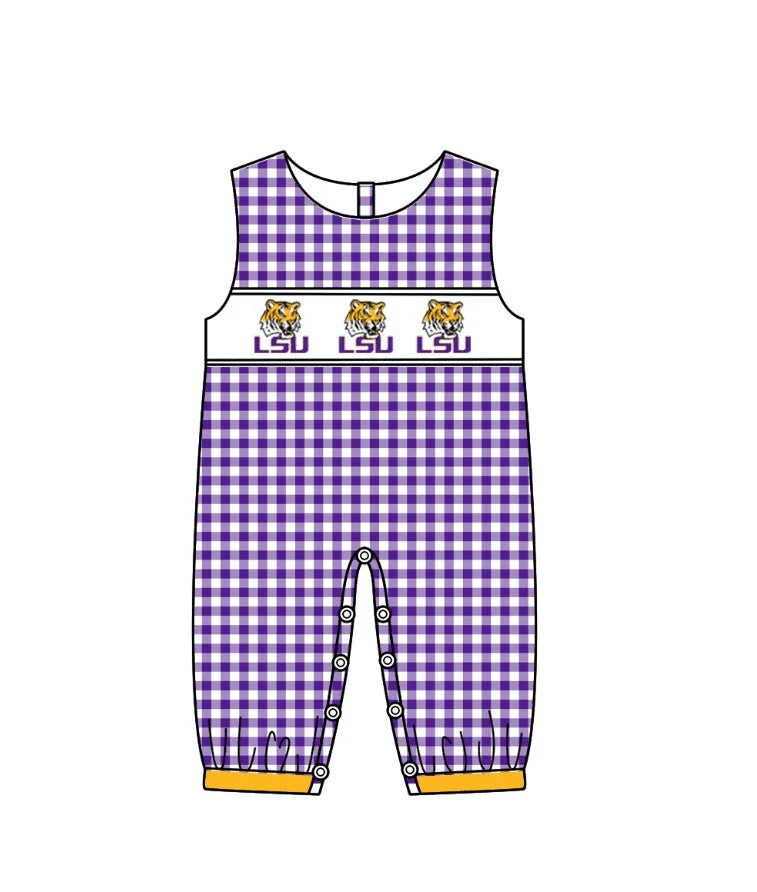 Baby Infant Boys LSU Tiger Team Purple Checkered Sleepers Rompers Preorder(moq 3)