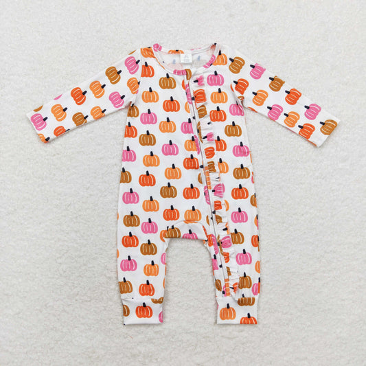 LR1219 Baby Girls Pink Orange Pumpkin Long Sleeve Bamboo Zip Romper