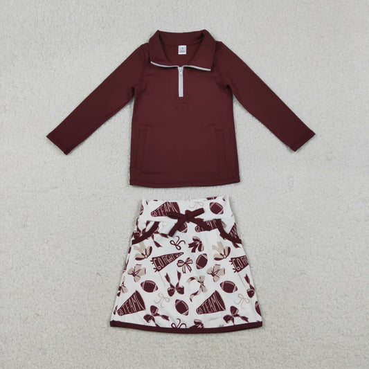 GLD1384 Baby Girls Dark Red Pullovers Bows Footballs Pockets Skorts Go Team Clothes Set C12.1