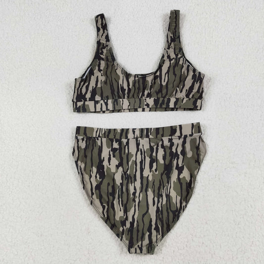 S0562 Adult Women Green Camo Top Bottom Swimsuits Set