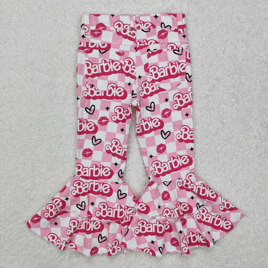 P0294 Baby Girls Pink Doll Valentines Checkered Hearts Denim Bell Flare Pants