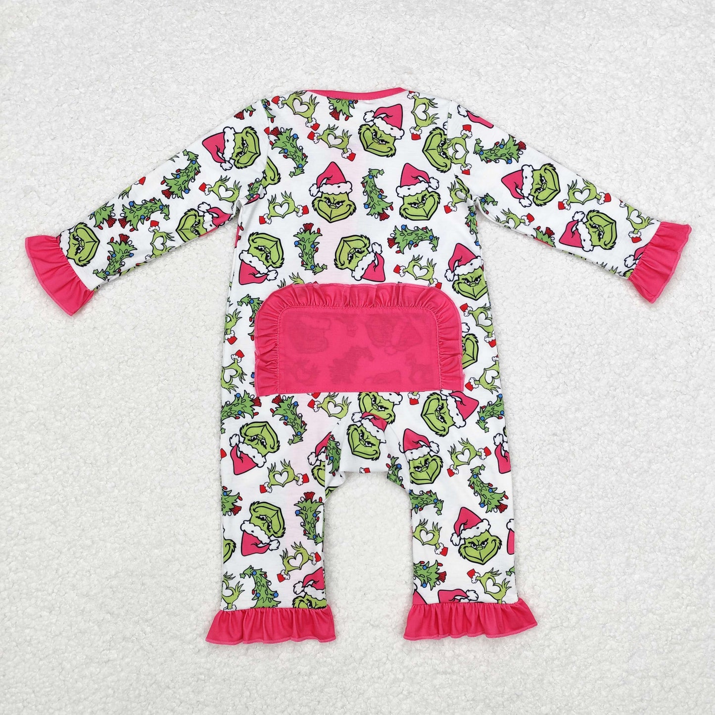 LR1337 Baby Infant Girls Pink Christmas Green Face Hearts Long Sleeve Ruffles Romper