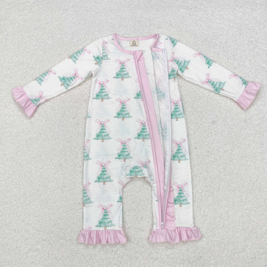 LR1518 Baby Infant Girls Christmas Tree Pink Bows Bamboo Zip Rompers