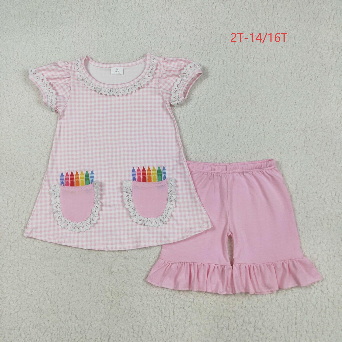 GSSO2388 Baby Girls Pink Plaid Pencils Pockets Tunic Ruffle Short Set 5.22