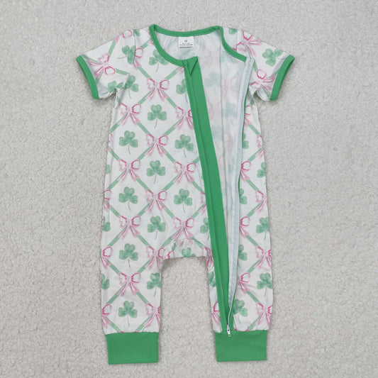 SR2109 Baby Infant Girls St Patrick Quatrefoil Bows Zip Romper