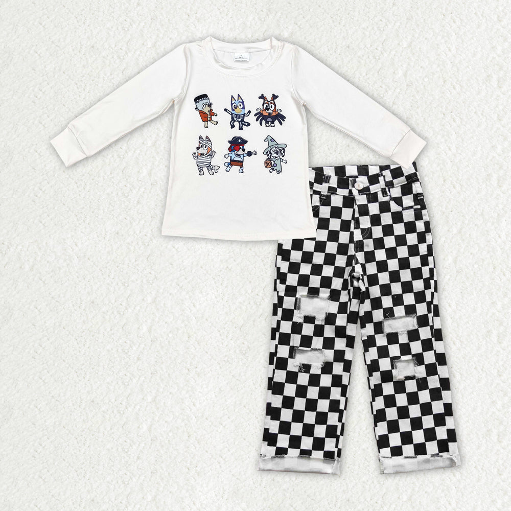 GT0701+P0122 Baby Boys Dogs Halloween Black Checkered Denim Pants clothes sets