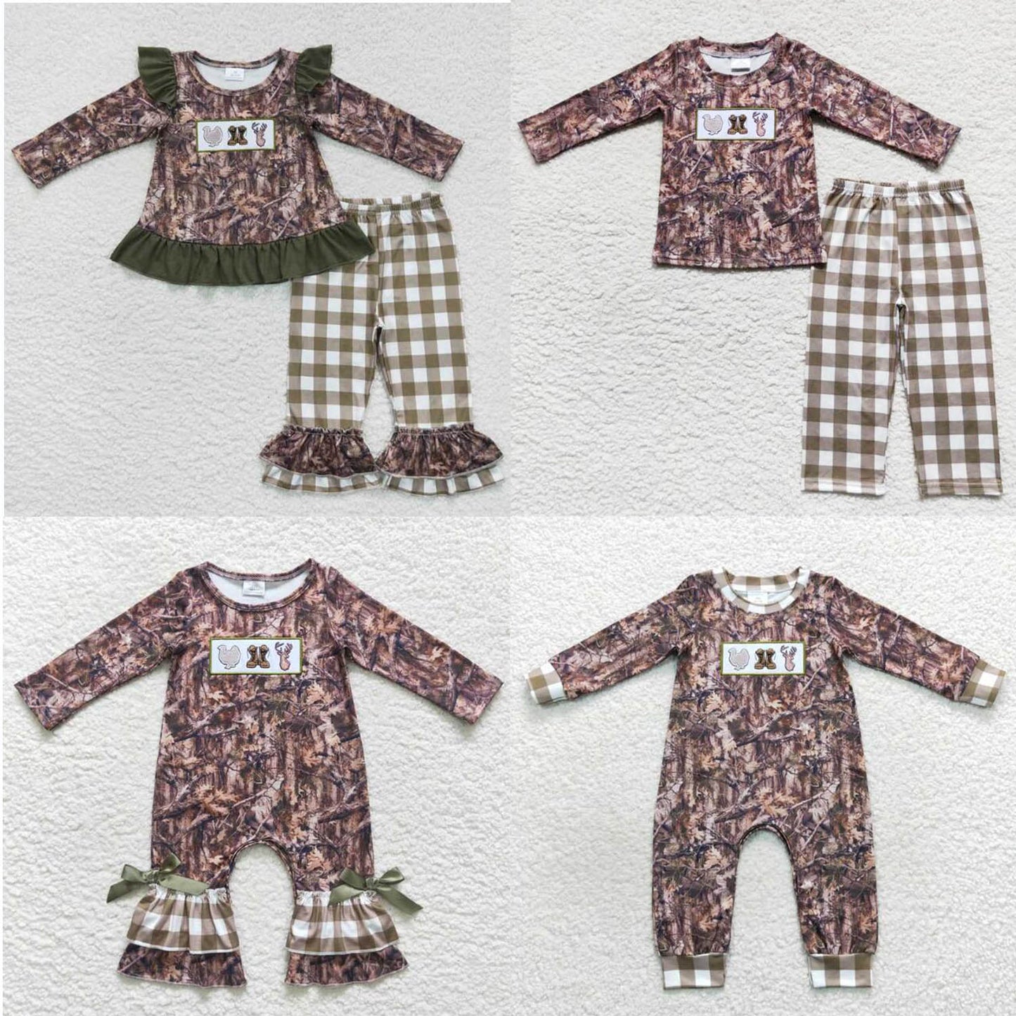 LR0526 Embroidered Turkey Boots Deer Leaves Check lace green onesie