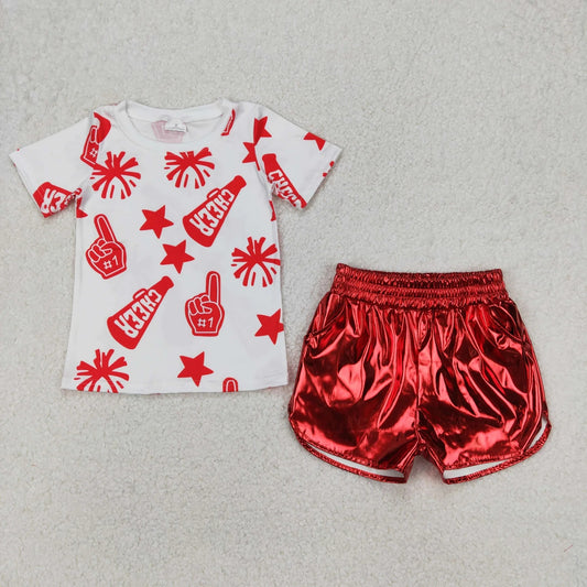 Sibling Baby Girls Cheer Team Shirts Top Leather Shorts Summer Clothes Sets 6.19