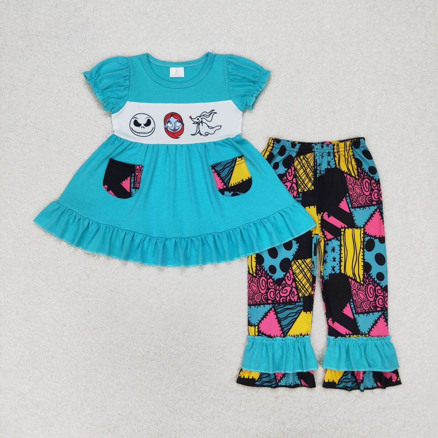 GSPO1579 Christmas Eve patchwork pocket teal short sleeve pants suit