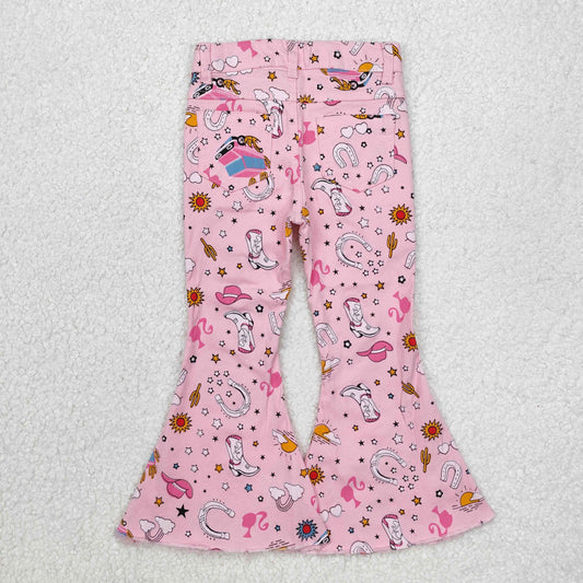 P0407 Baby Girls Pink Doll Western Bell Flare Denim Pants