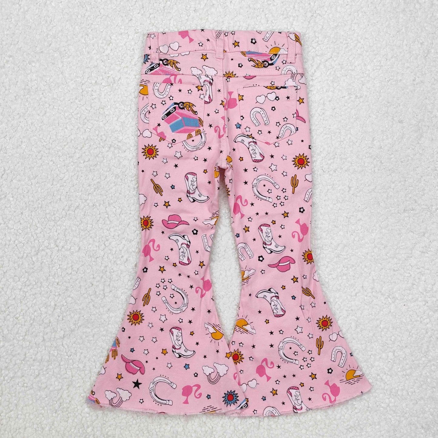 P0407 Baby Girls Pink Doll Western Bell Flare Denim Pants