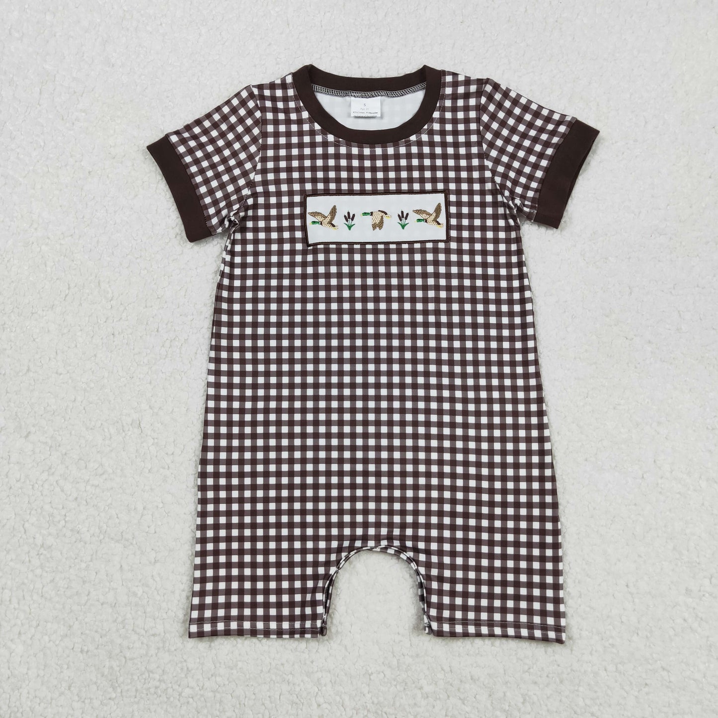 SR3164 Embroidery Baby Boys Brown Plaid Short Sleeves Ducks Short Romper C9.4