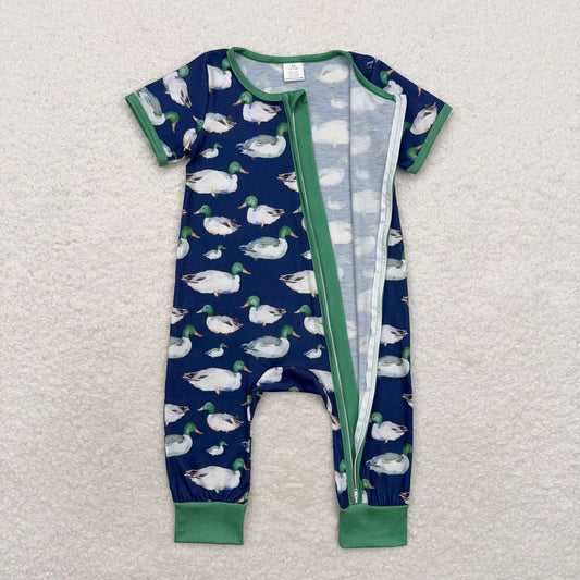 SR1897 Bamboo duck navy blue zip-up short-sleeved onesie