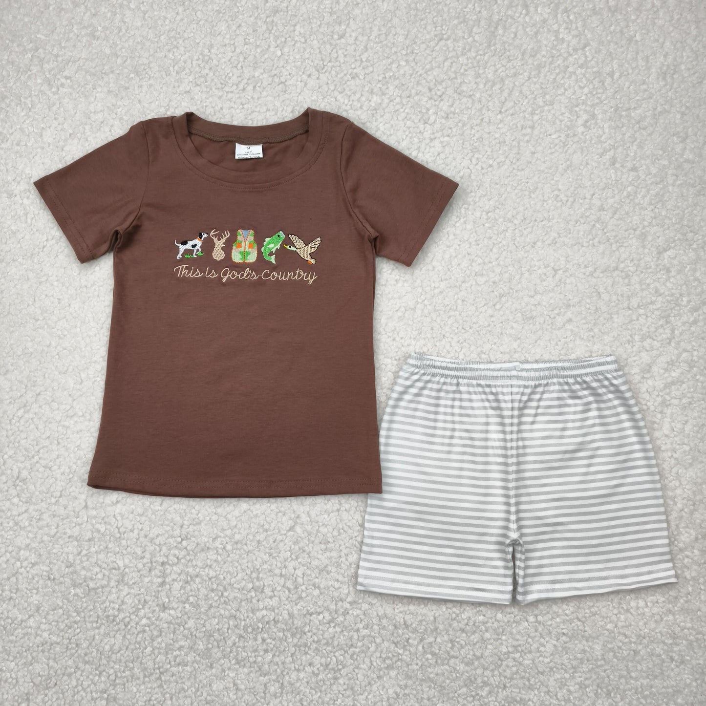 BSSO1410 Embroidery Baby Boys Brown Gods Country Top Stripe Shorts Set