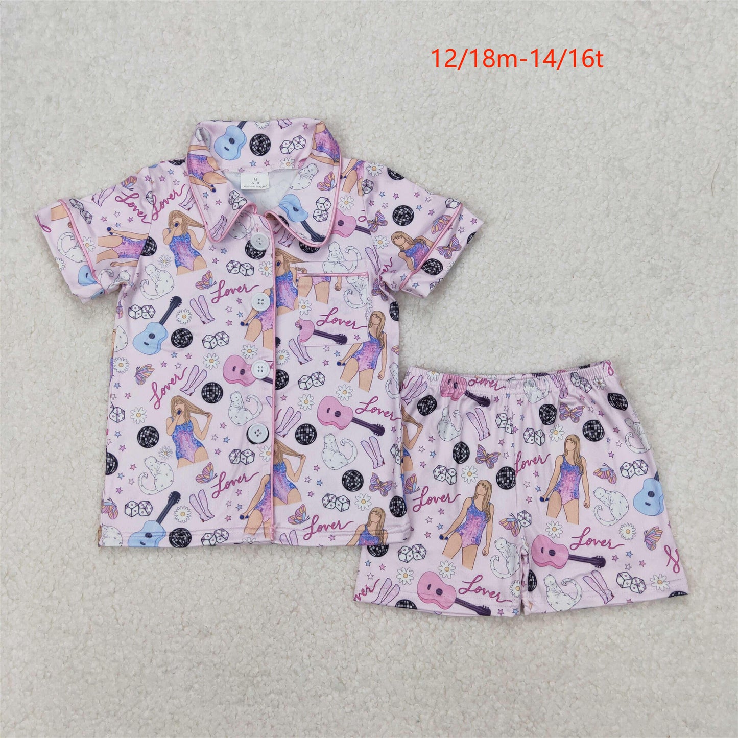 GSSO1773 Baby Girls Pink Singer Lover Buttons Shirts Shorts Pajamas Clothes Set