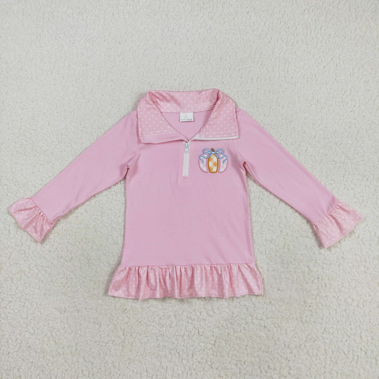 GT1112 Embroidery Baby Girls Khaki Pink Long Ruffle Sleeves Pumpkins Zipper Pullover Top C8.20