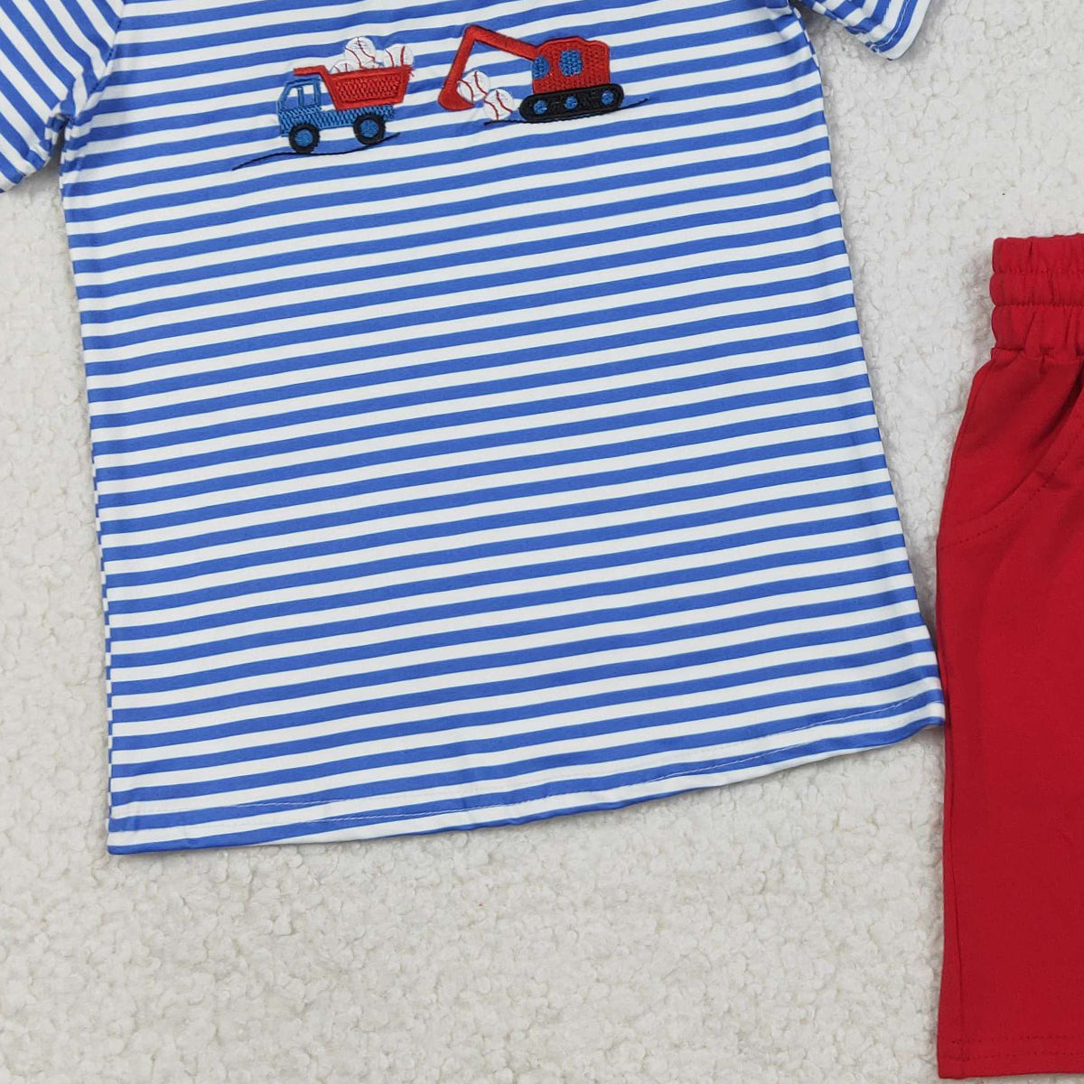 RTS BSSO1671 Embroidery Baseballs Trucks Baby Boys Stripe Top Pockets Shorts Team Clothes Sets