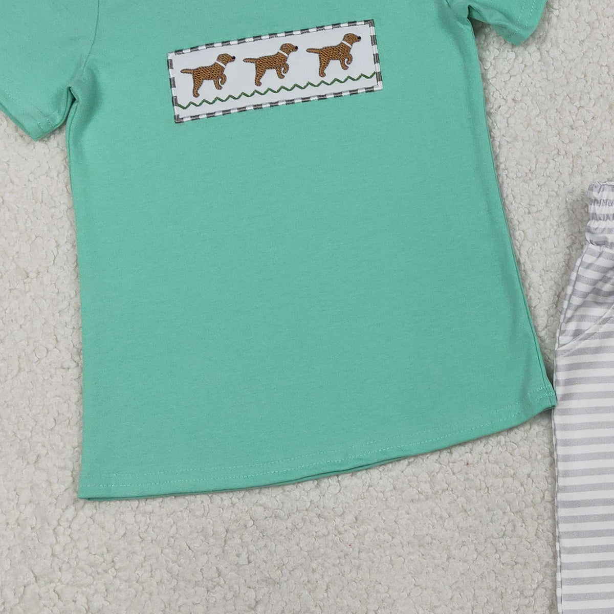 RTS BSSO1688 Embroidery Dogs Baby Boys Top Stripe Pockets Shorts Hunting Clothes Sets