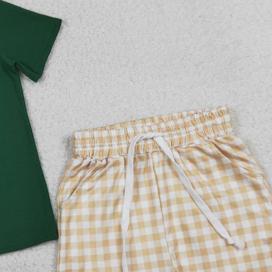 RTS BSSO1636 Embroidery Duck Dogs Baby Boys Top Checked Pockets Shorts Hunting Clothes Sets