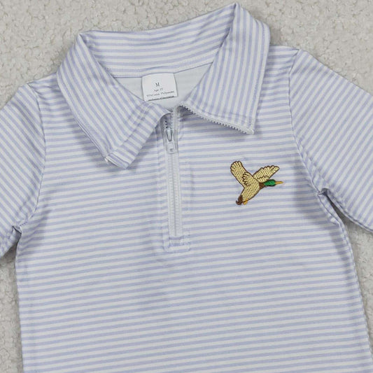 RTS BT1638 Embroidery Ducks Baby Boys Grey Stripe Hunting Zip Pullovers Top