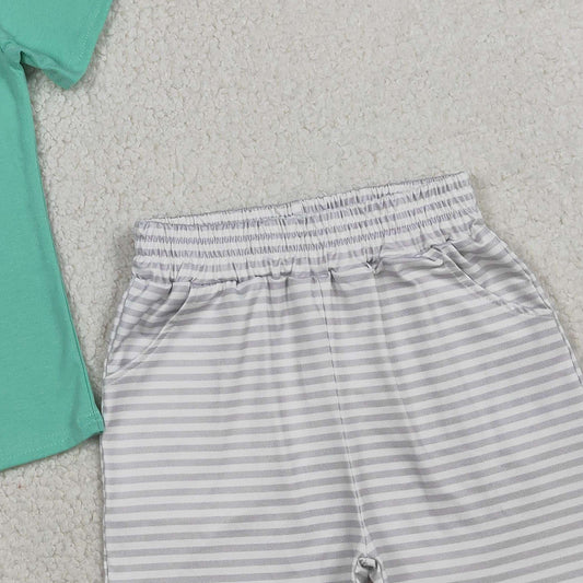 RTS BSSO1688 Embroidery Dogs Baby Boys Top Stripe Pockets Shorts Hunting Clothes Sets