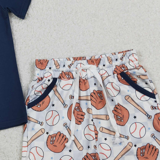 RTS BSSO1669 Baby Boys Navy Shirts Top Baseballs Pockets Shorts Team Clothes Sets