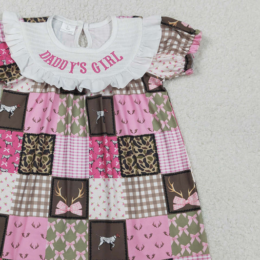 RTS GSD3484 Smocked Daddy's Girls Deer Dogs Bows Checked Hunting Knee Length Dresses