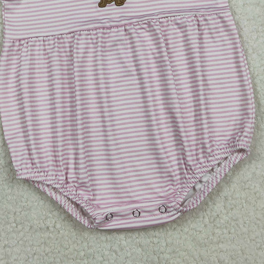RTS SR3476 Embroidery Bow Dogs Baby Girls Pink Stripe Collar Ruffle Rompers