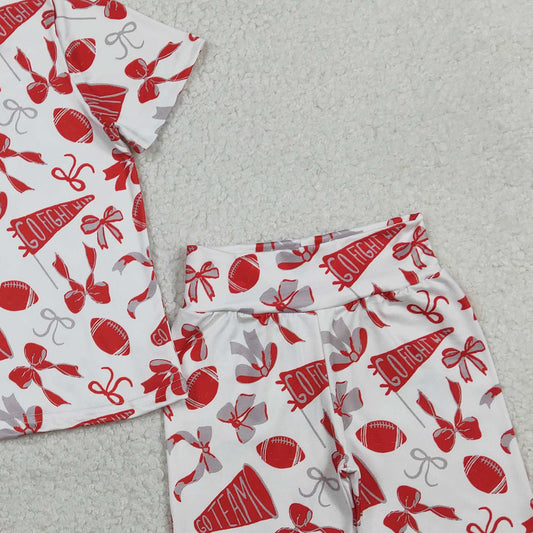 RTS GSSO2727 Baby Girls Red Grey Bow Footballs Top Shorts Go Team Pajamas Clothes Set