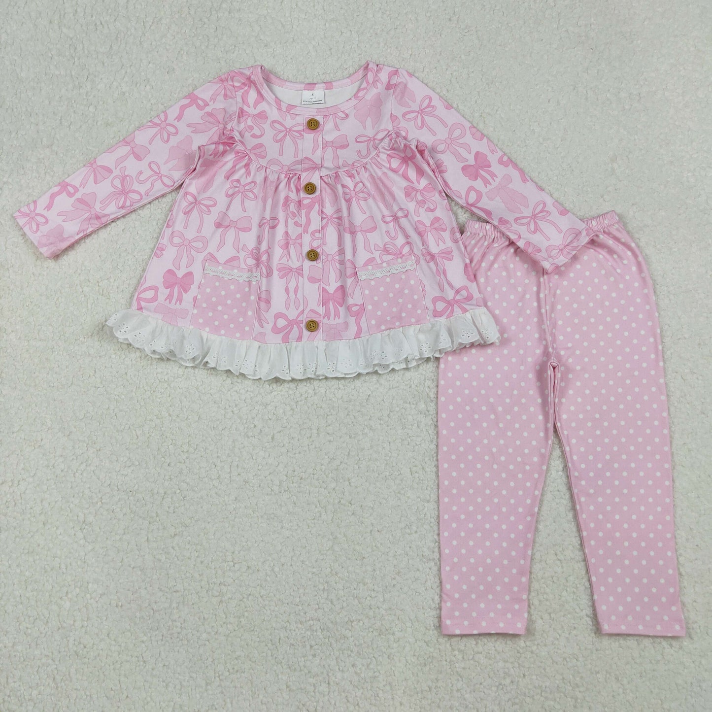 GLP2723 Baby Girls Pink Bows Plaid Button Pockets Tunic Polka Dots Legging Pant Set C10.8