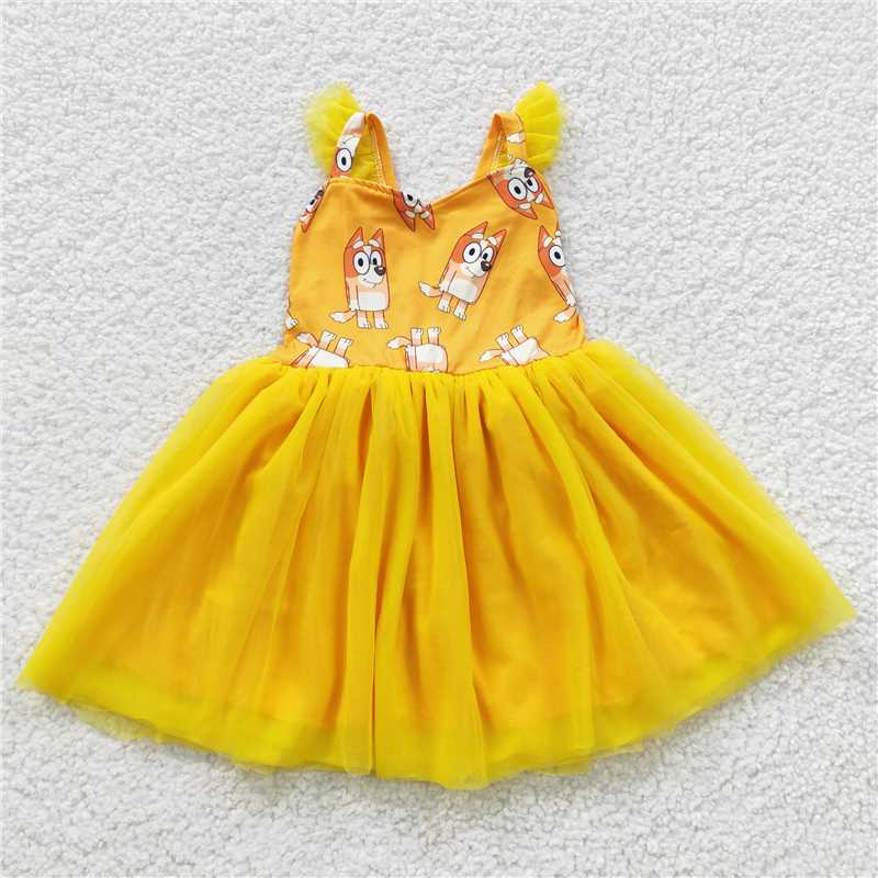 RTS GSD0356 Baby Girls Orange Dog Knee-Length Dress Cute Animal Print Cotton Blend Girls Dress