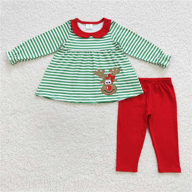 Family Sibling Mama Kids Christmas Embroidery Deer Stripe Clothes Sets Rompers Dresses C11.27