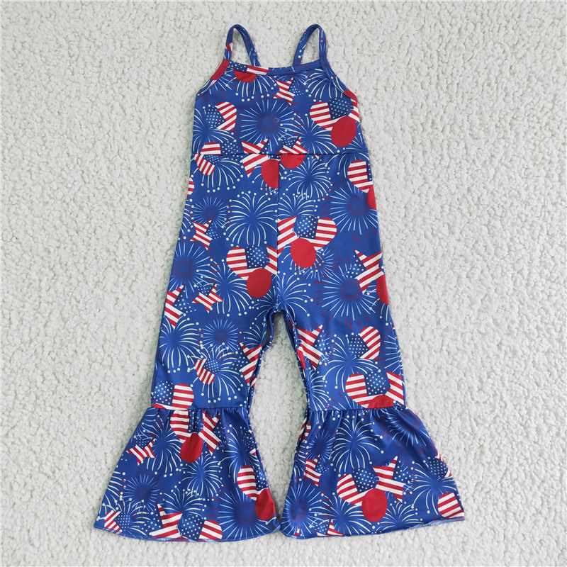 RTS SR0056 Baby Girls 4th of July Jumpsuits Independence Day Outfit Red White And Blue Romper for Little Girls