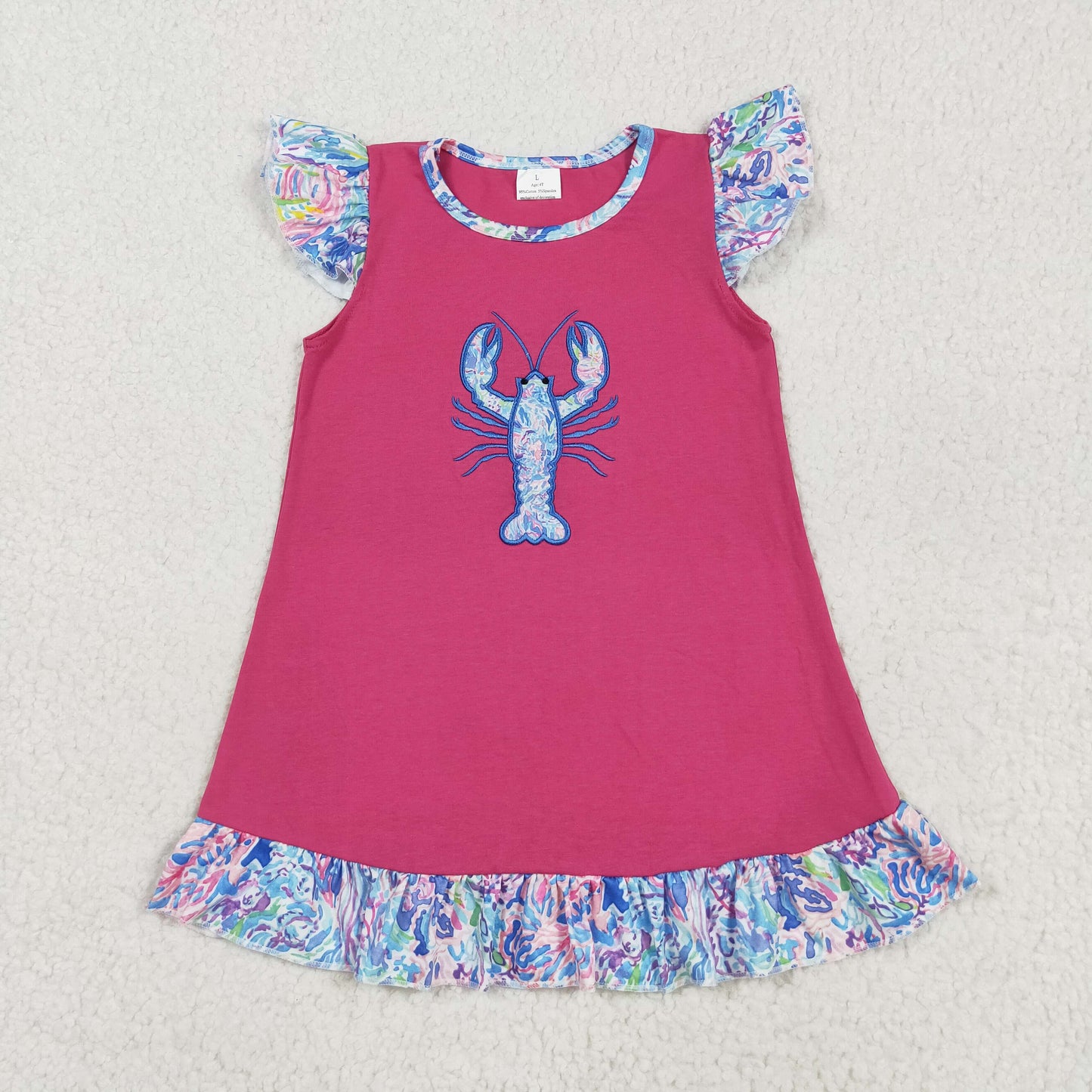 GSD2398 Embroidery Baby Girls Hot Pink Floral Crayfish Knee Length Dress 7.23