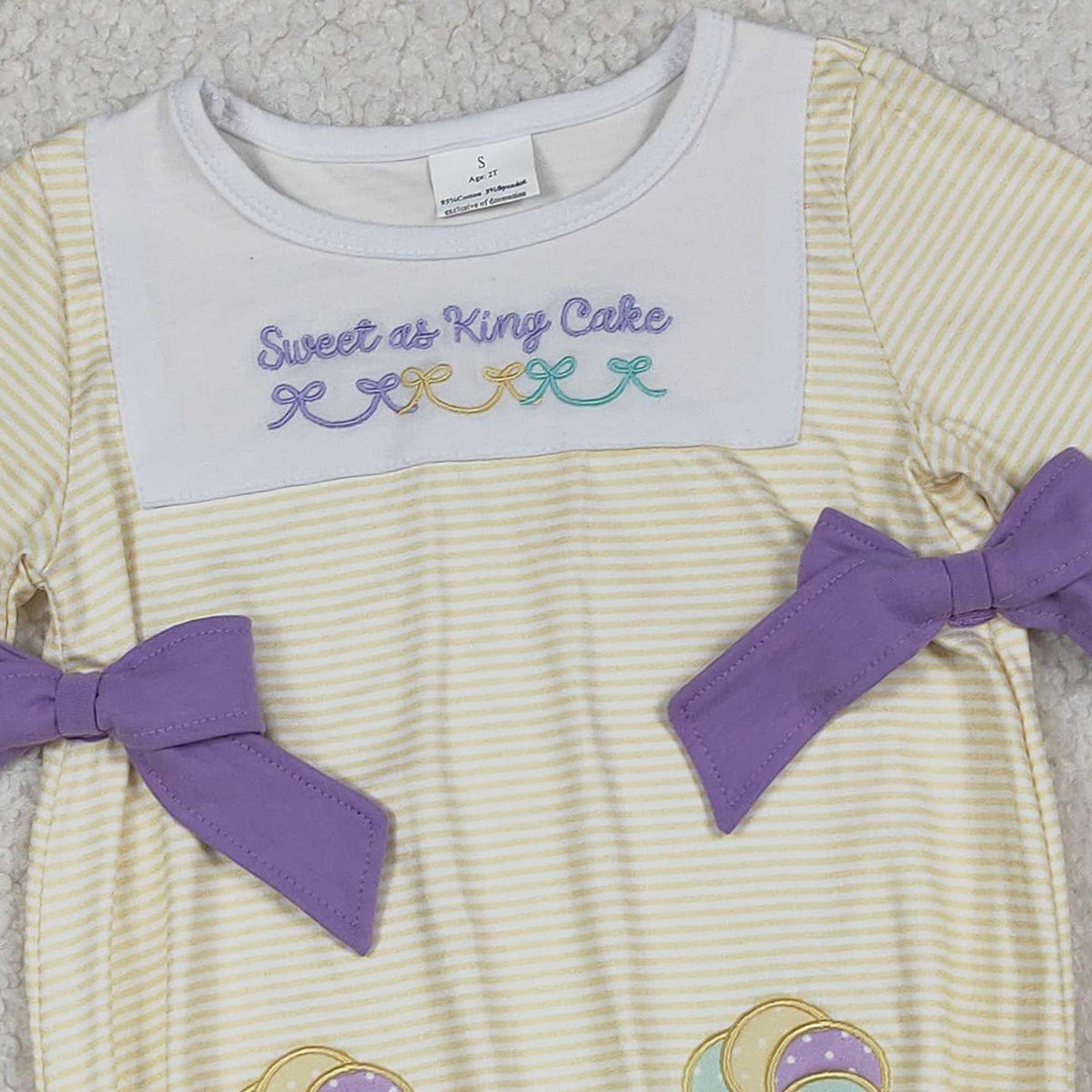 RTS LR2770 Embroidery Sweet as King Cake Baby Girls Mardigras Stripe Ruffle Rompers
