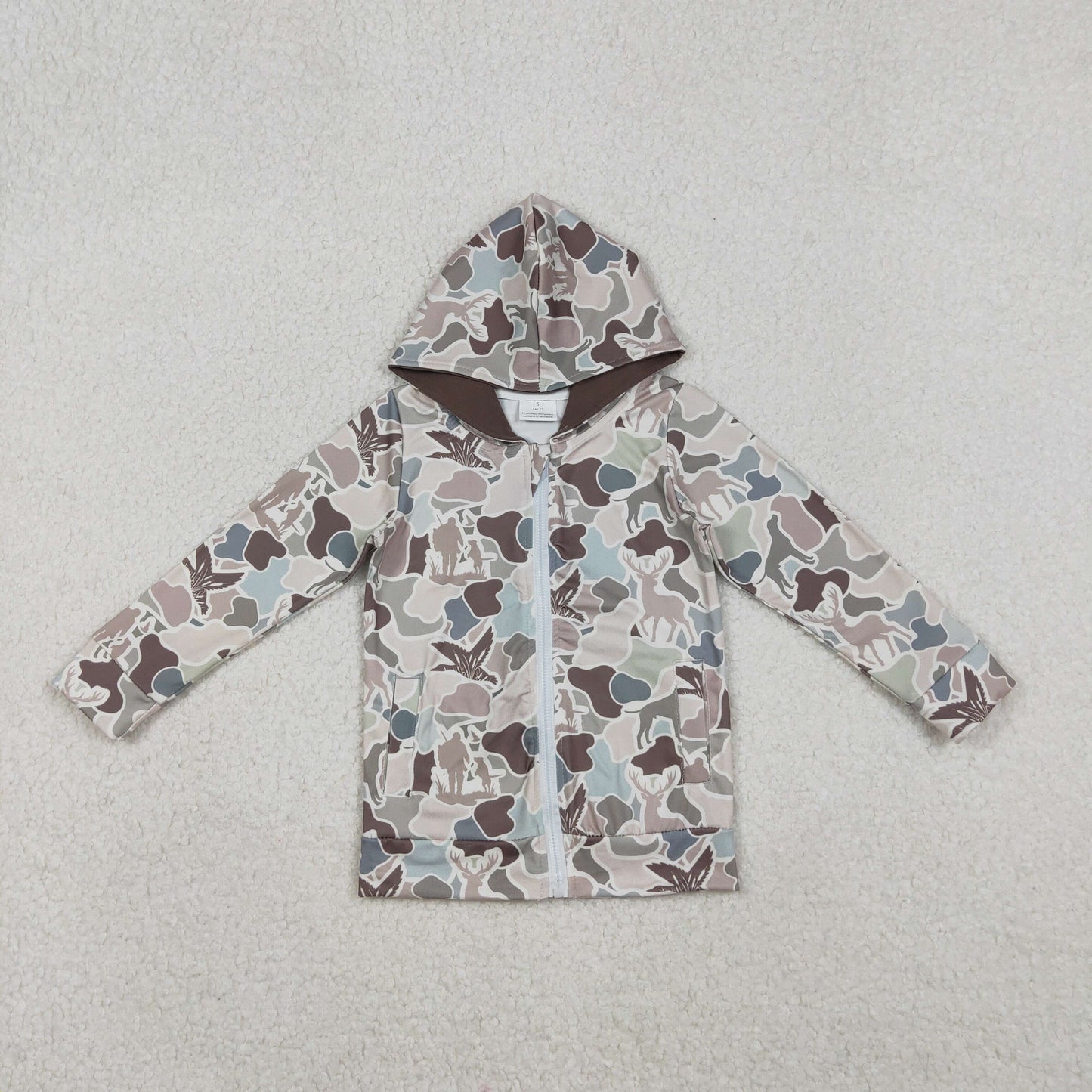 BT1390 Baby Boys Grey Dogs Deer Ducks Camo Pockets Zipper Hoodies Top C11.1
