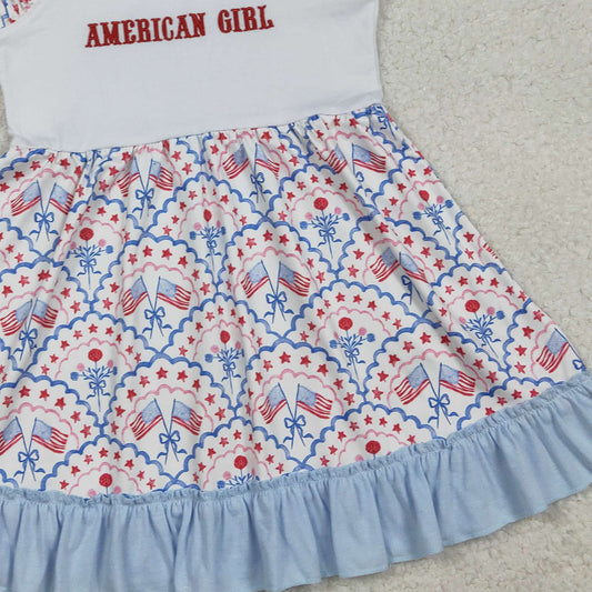RTS GSD3239 Embroidery American Girls Strap Bows Flags 4th of July Ruffle Knee Length Dress