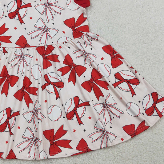 RTS GSD3456 Baby Girls Flutter Sleeve Baseballs Bows Team Knee Length Dresses