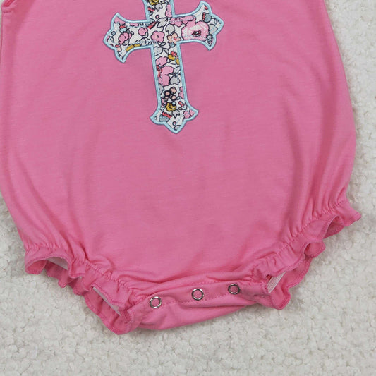 RTS SR3845 Embroidery Floral Crosses Baby Girls Flutter Sleeve Easter Ruffle Rompers