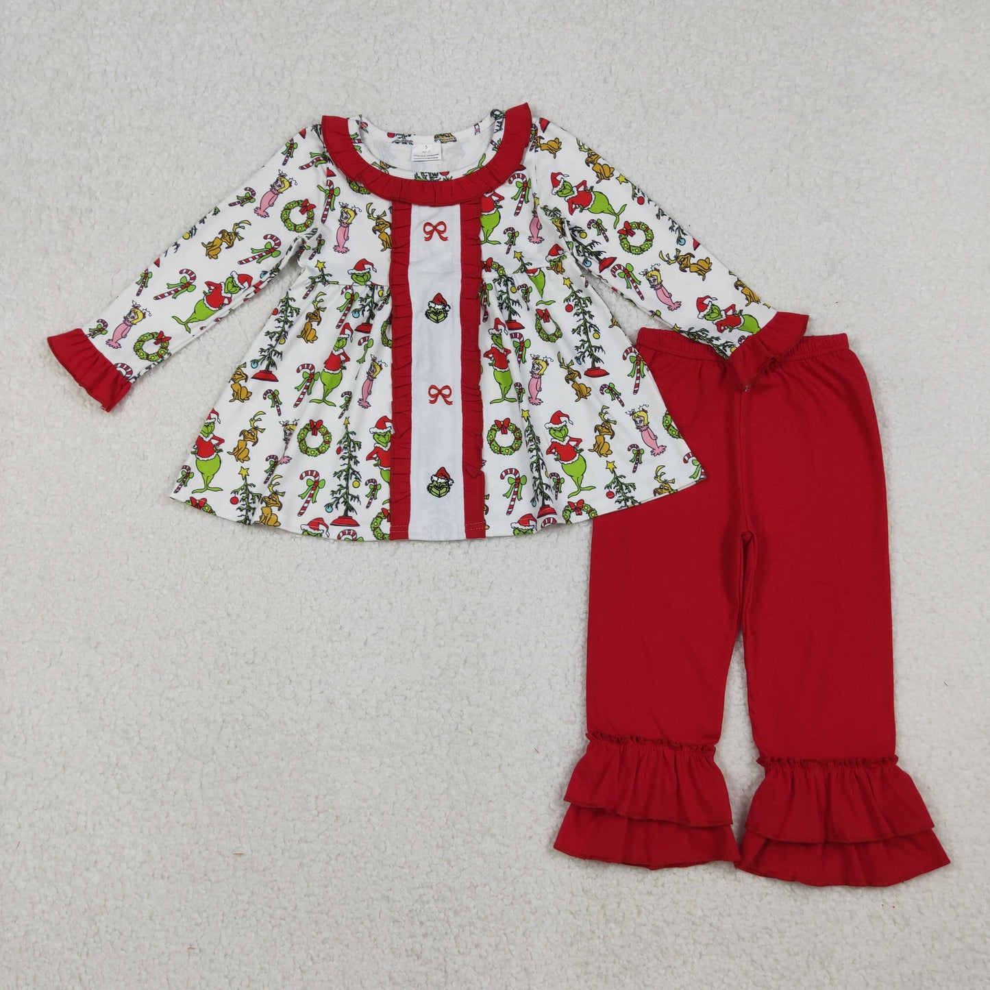 GLP2812 Baby Girls Green Face Miss Bows Tunic Ruffle Legging Pant Christmas Set C10.14
