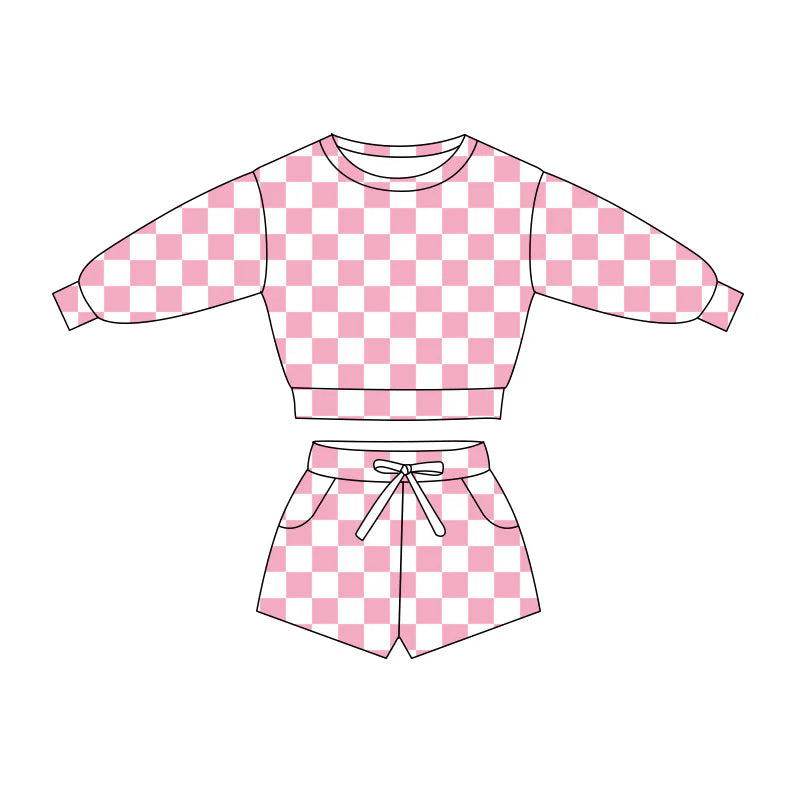 C11.21 Custom Moq 8 Baby Girls Light Pink Checked Long Sleeve Pockets Shorts Clothes Sets