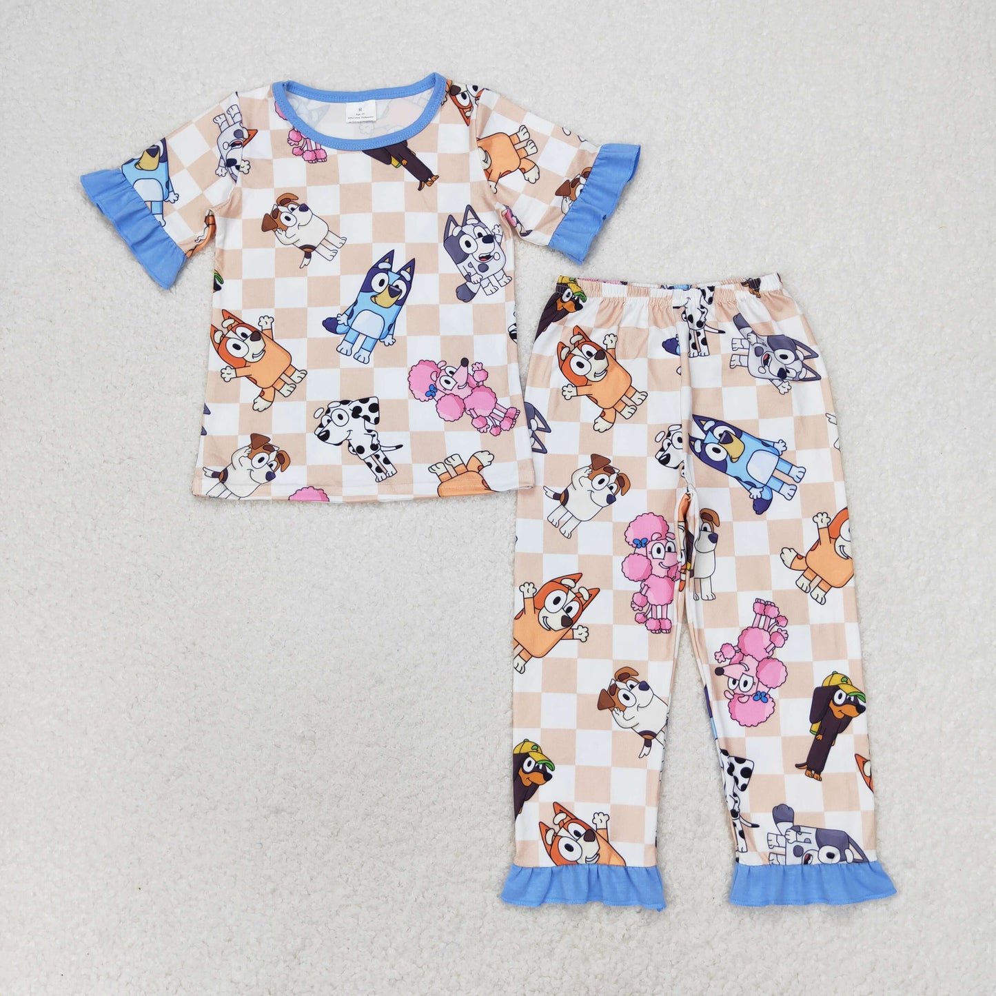 GSPO1581 Girls cartoon dog plaid blue lace short-sleeved trousers pajama set