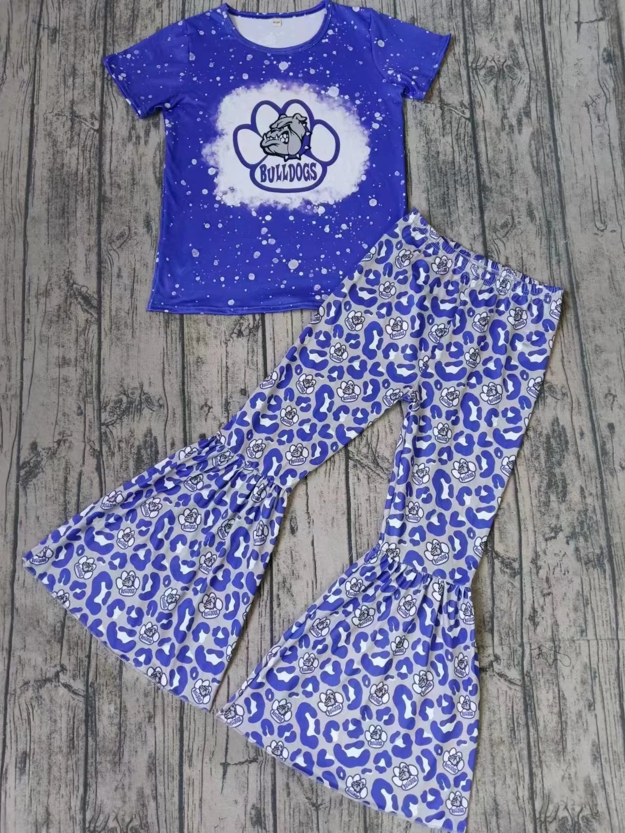 Baby Girls Blue Bulldogs Teams Top Leopard Bell Pants Clothes Sets Preorder(moq 3)