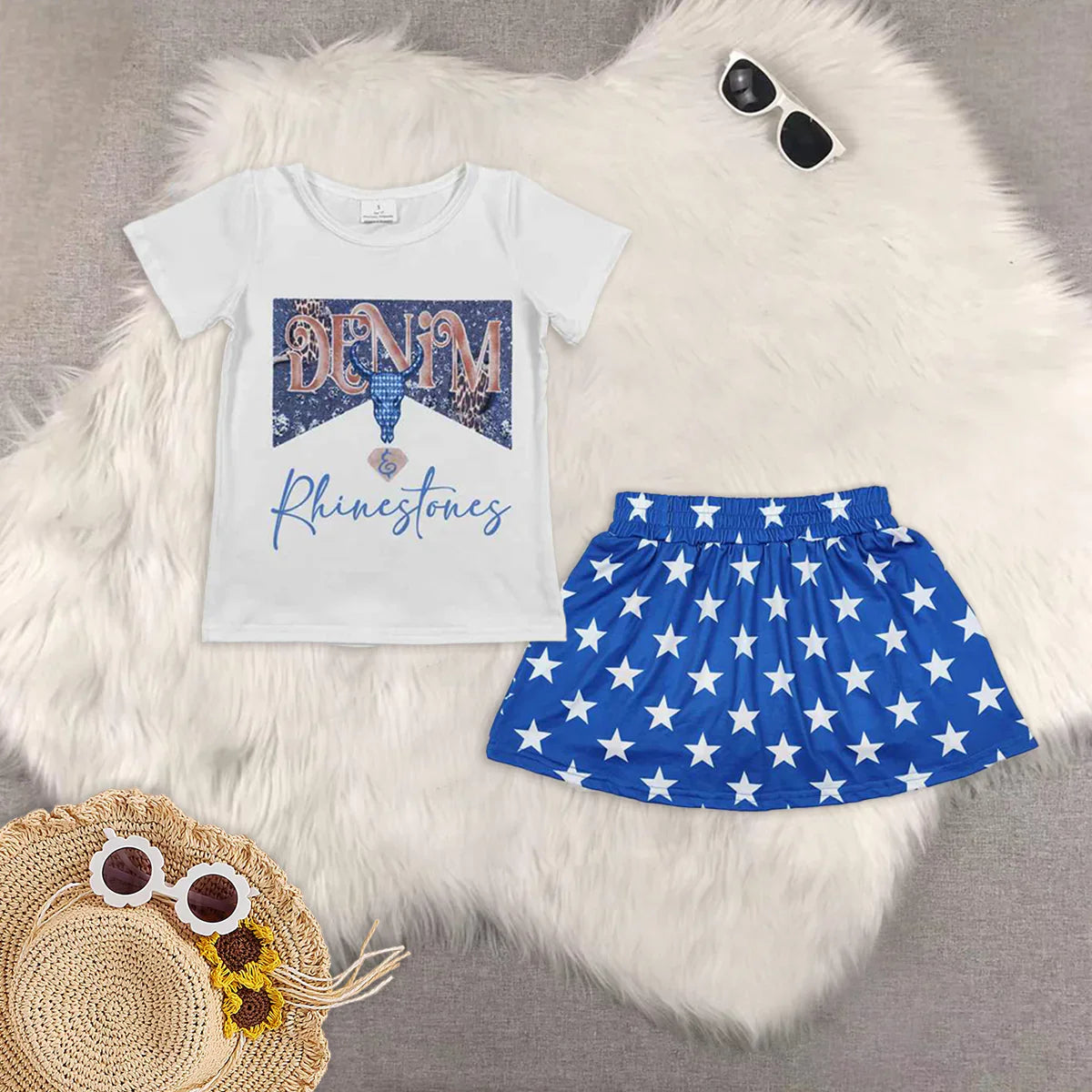 GT0133+GLK0051 Baby Girls Western Rihinestones Shirt Stars Skorts Skirt Set 5.5