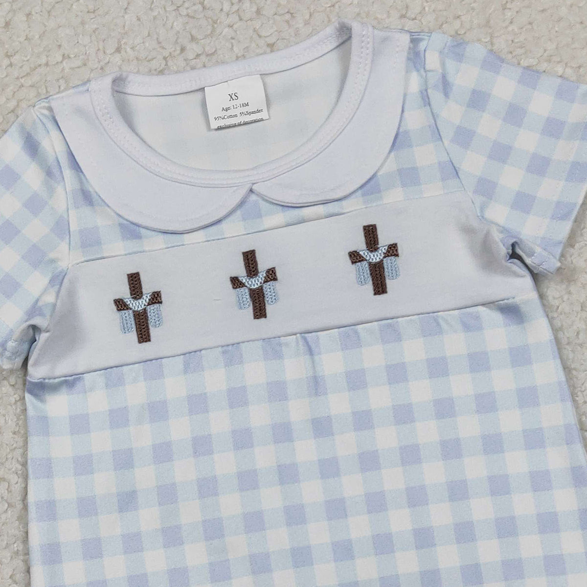 RTS SR3758 Embroidery Crosses Baby Boys Blue Checked Easter Collar Rompers