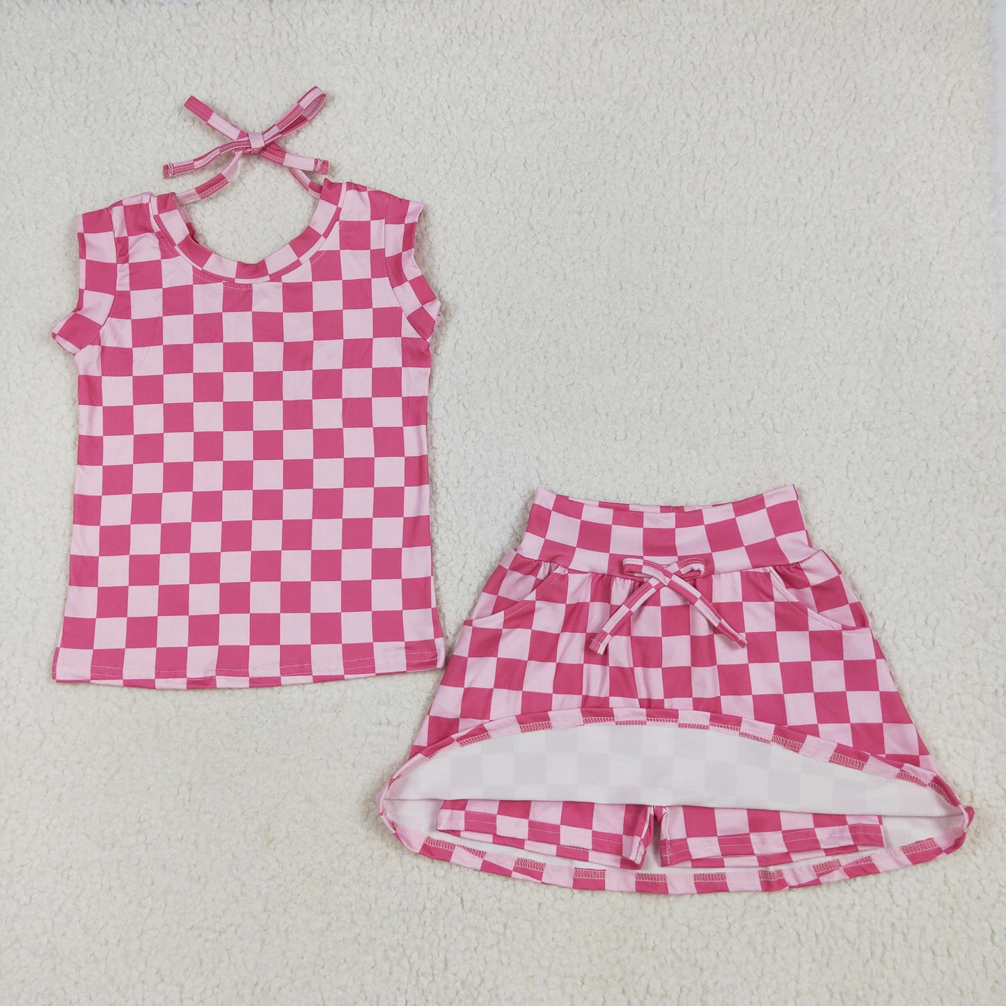 GSD2584 Baby Girls Sleeveless Pink Plaid Top Pockets Short Skirts Set 6.18