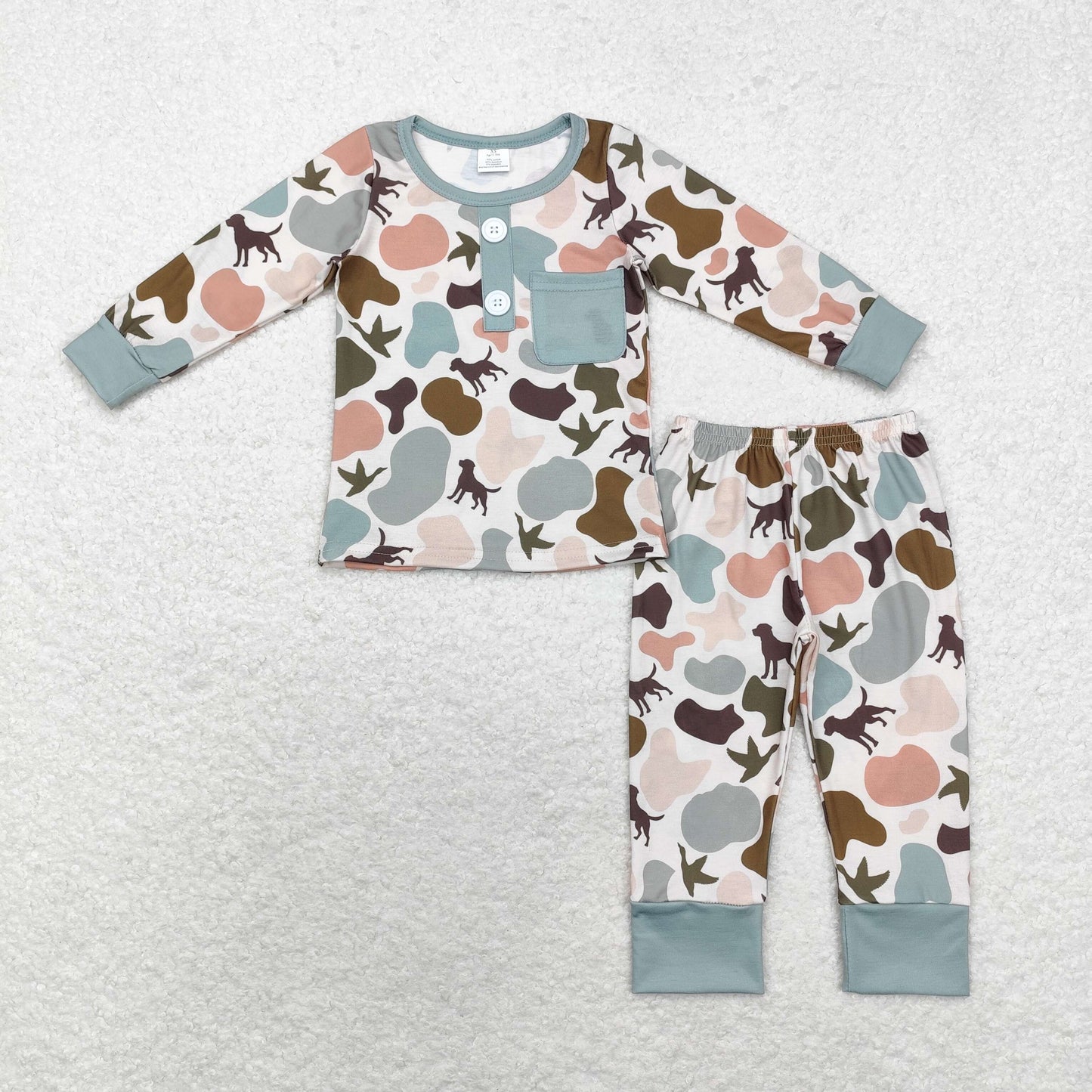 BLP0669 Bamboo Puppy Duck Camouflage Green pocket Long sleeve pants pajama set
