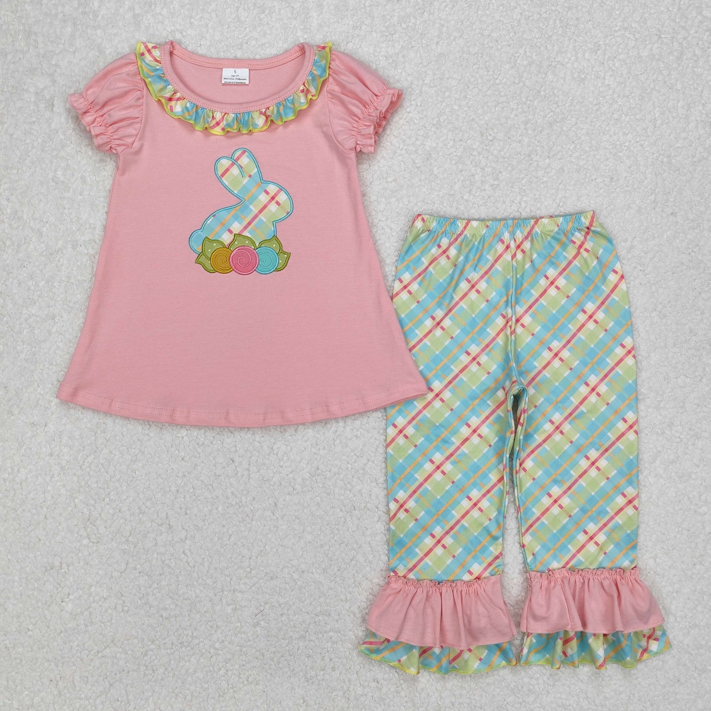 GSPO0974 Baby Girls Easter Pink Rabbit Flowers Tunic Ruffle Pants Clothing Set