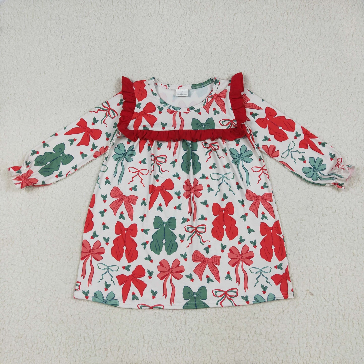 GLD1046 Baby Girls Long Ruffle Sleeves Red Green Bows Knee Length Dress 6.25