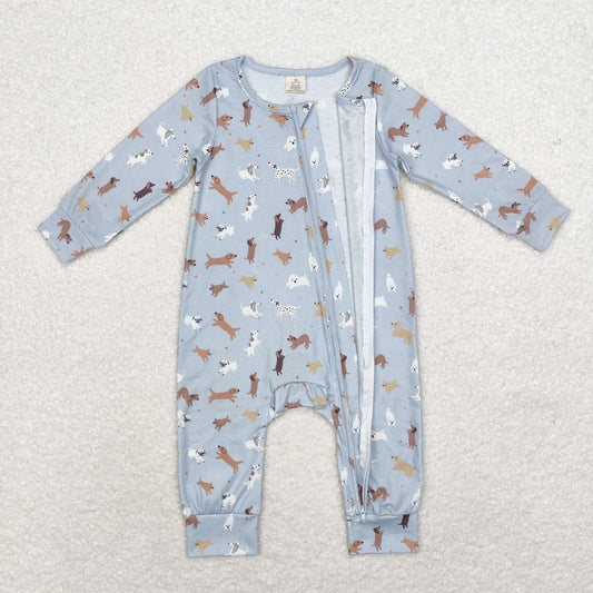 LR1351 Bamboo puppy blue zipper long sleeve onesie
